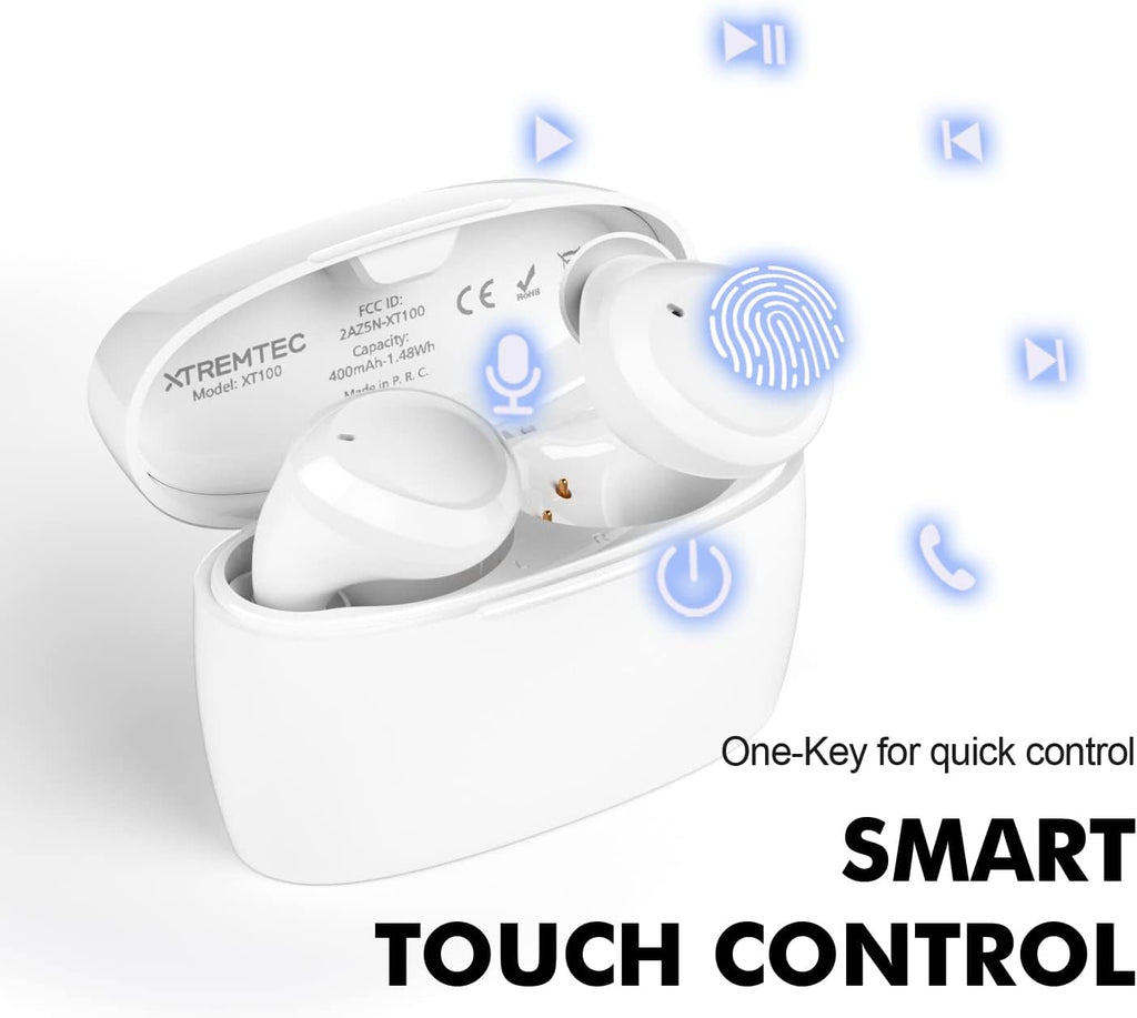 True Wireless Earbuds, Bluetooth Earbuds Noise Cancelling Bluetooth Headphones for Iphone/Android Small with Mic Waterproof Cordless In-Ear Earphones Deep Bass Sound (White)